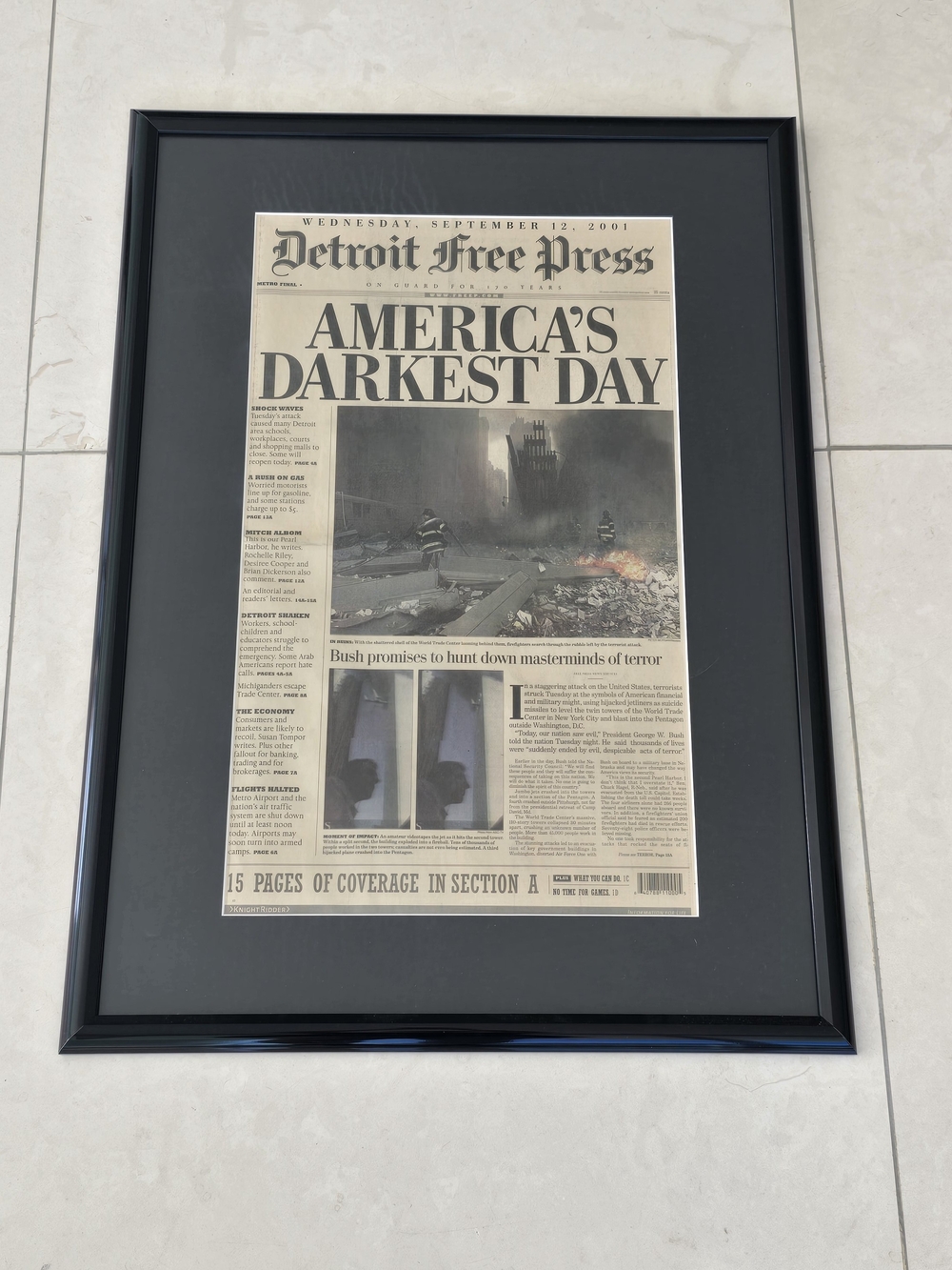 Framed 'America's Darkest Day' Newspaper - Black Wall Frame